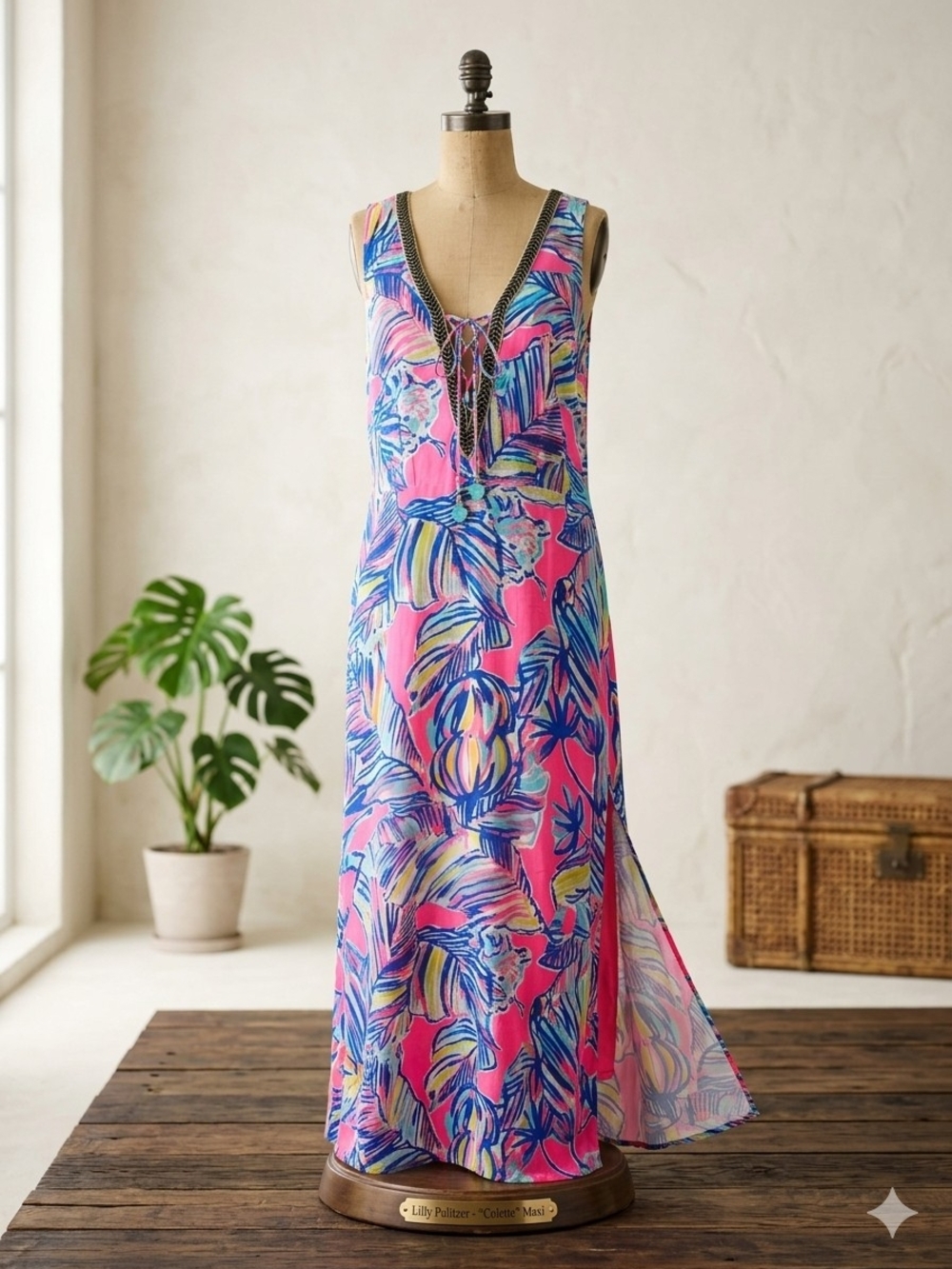 Papaya Pink Blue Tropical-Print Maxi Dress with Tassel V-Neck